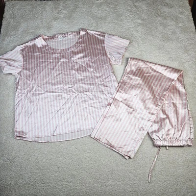 Conjunto de pijama de satén a rayas Ekouaer para mujer ropa de salón rosa blanco talla S Foto 1 de 4