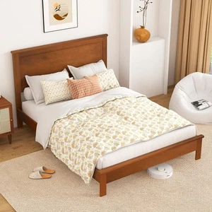 Full Size Wood Platform Bed Frame with Headboard, Wooden Mid Century Platform... - Picture 1 of 9