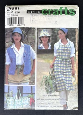 Style 2599 Misses Apron-Hat-Vest-Bag Garden Crafts 1995 Pattern size S-XXL Uncut - Image 1 of 2