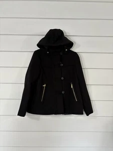 NWD ZARA BLACK COAT HOODED JACKET ZIPPER BUTTON LONG SLEEVE SIZE S *READ* P41 - Picture 1 of 17