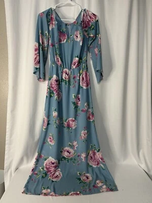 Romantic Blue Floral Maxi Dress Cold Shoulder Feminine Size Medium Summer - Image 1 of 4