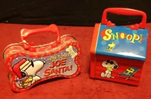 Coppia arachidi Natale Joe Cool Snoopy Woodstock cuccia per cani metallo biscotti latta caramelle - Foto 1 di 12
