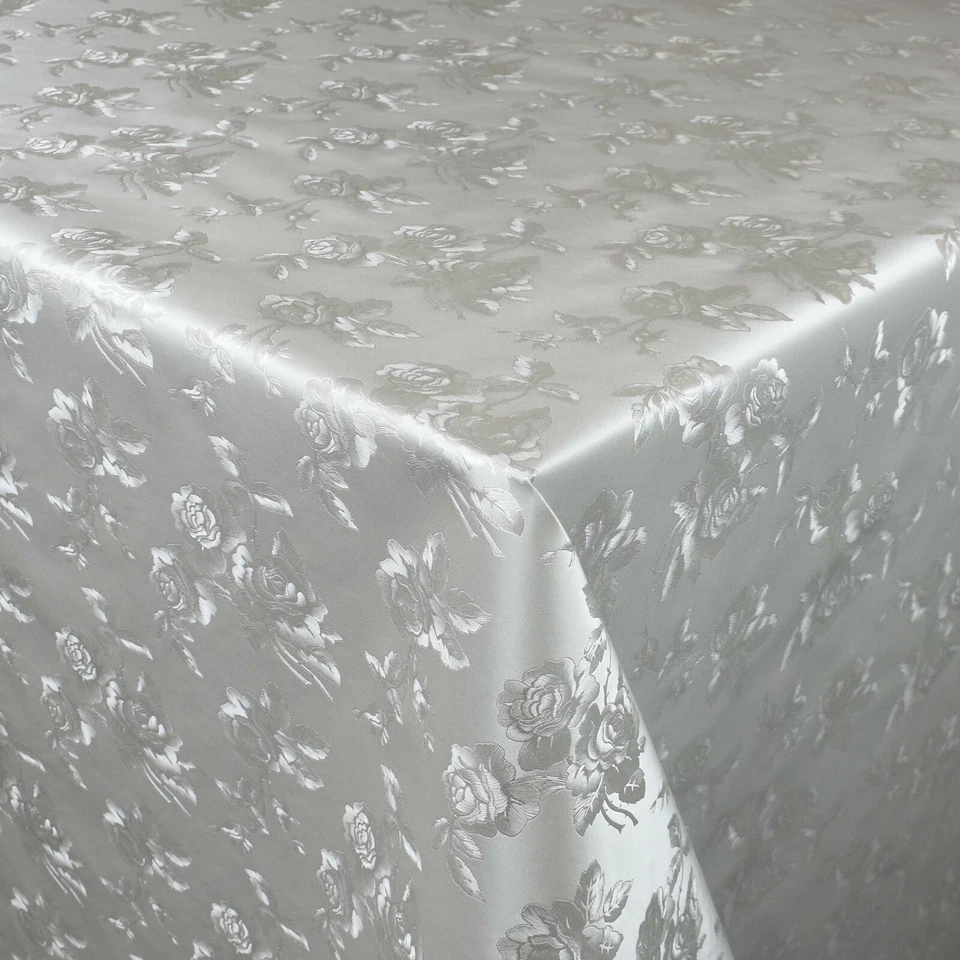 Damassé Nappe en Toile Cirée Carré Rond Oval Floral Roses Marqué Argent 03030-11 - Photo 1/1