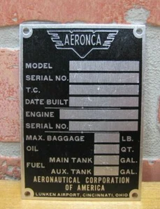 Aeronca Lunken Airport Cincinnati Ohio Flugzeug Typenschild Schild kleines Schild - Bild 1 von 9