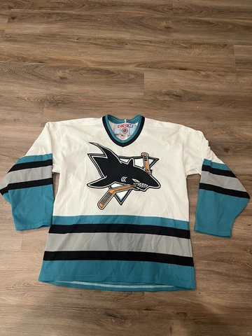 Vintage San Jose Sharks CCM Air Knit Hockey Jersey Boys Large/XL Cover