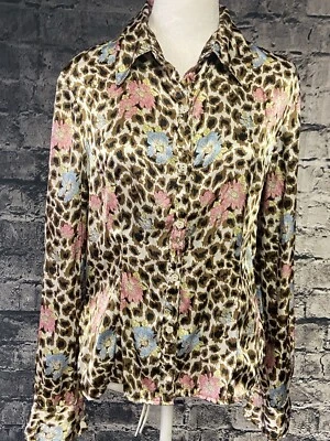 Blusa Nicole Miller Mujer Mediana Marrón Flores Mangas Largas Cóctel Trabajo Foto 1 de 4