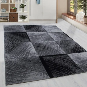 Kurzflor Teppich Karo Kachel Muster Wohnzimmerteppich Grau Schwarz Meliert - Bild 1 von 5