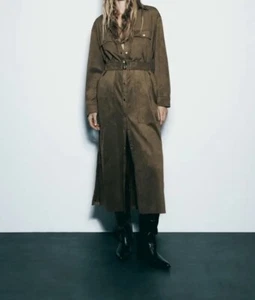 Zara women belted shirt long Faux Suede Midi/maxi tunic smart work Dress uk L - Picture 1 of 6
