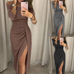 Ladies Dress Party Long Maxi Glitter Womens Off Shoulder Formal Dresses Evening - Picture 1 of 33