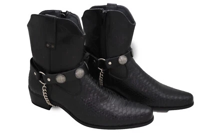Botas masculinas ocidentais pulseiras corrente prata couro sintético preto 2 alças Buffalo Bull - Imagem 1 de 4
