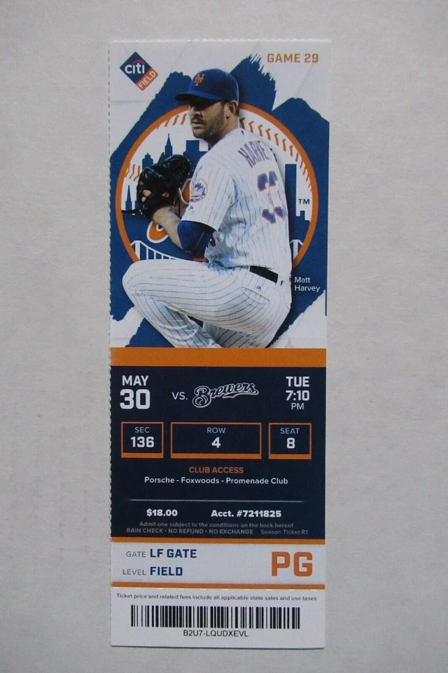 Boleto completo de los Mets de Nueva York vs Milwaukee Brewers 30/05/2017 ~ Matt Harvey Foto 1 de 1