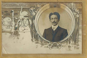 Carte Photo vintage card RPPC art déco cygnes homme costume cravate ph0265 - Picture 1 of 2