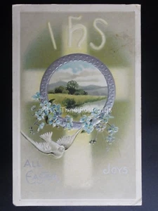 Greeting IHS All Easter Joys Depicts White Dove & Forget Me Knots c1909 Postcard - Foto 1 di 1