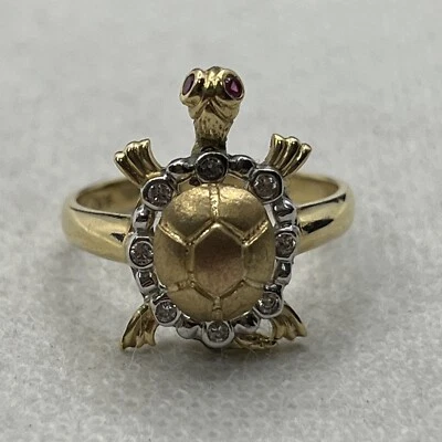 Beautiful 14K Tricolor Gold Created Ruby & White CZ Handmade Turtle Ring 4.6gr. - Image 1 of 4