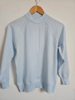 Vintage 80s Trevira Pale Blue Art Deco Detail Jumper Top Size 10 - Image 1 of 4