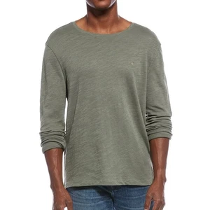 John Varvatos Men's Leo Peace Sign Slub Cotton LS Crewneck Tee Shirt Sage Brush - Picture 1 of 2