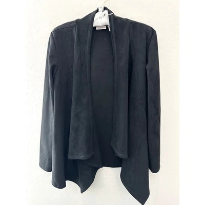 LOGO LORI GOLDSTEIN | Black Faux Suede Waterfall Open Front Jacket | Medium - Image 1 of 4