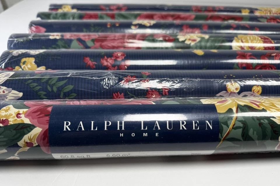 Ralph Lauren Home Vintage Wallpaper 7 Double Rolls Floral Navy Blue Discontinued - Image 1 of 4