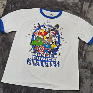 NWOT Disney Marvel Comics Super Heroes Graphic Tee White Blue Ringer Youth XL - Picture 1 of 5