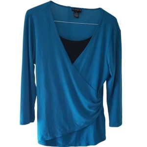 Bay Studio Career türkis/schwarz V-Ausschnitt Faux Wickel Langarm Bluse - Bild 1 von 3