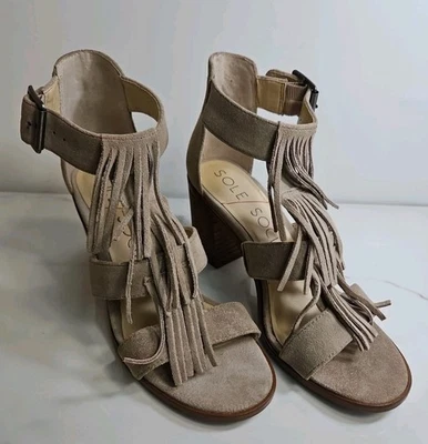 Sandalia Sole Society Beige Gamuza Cuero 3" Tacones Bomba Tirantes 6.5M Foto 1 de 4