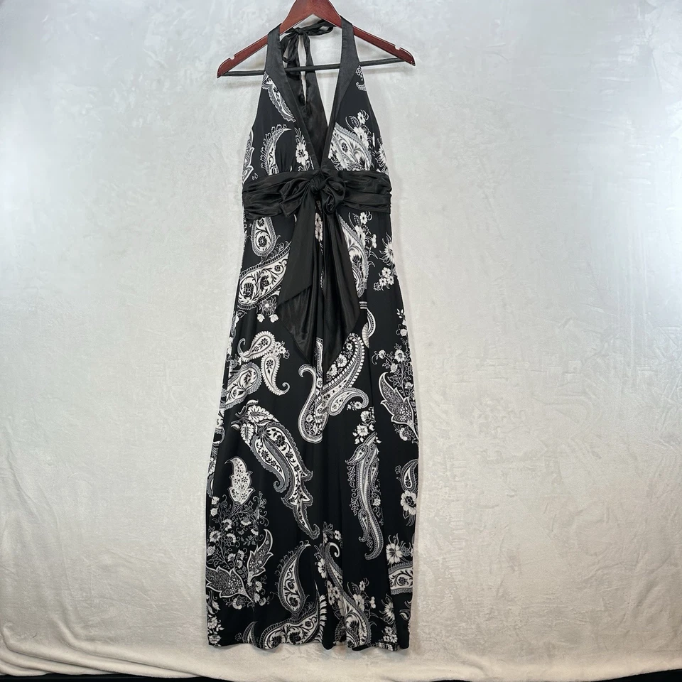 Vestido Vintage Alyn Paige Mujer L Negro Floral Maxi Satén Lazo Halter Y2K Elastizado Foto 1 de 4