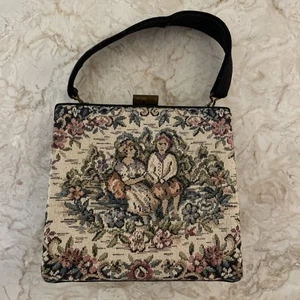 5x5” Tapestry Handbag Mini Box Purse Couple In Garden Motif Vintage Fabric Black - Picture 1 of 17