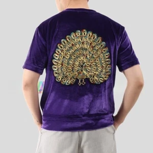 Mens Vintage Style Purple Velvet Peacock Embroidery Short Sleeve T-shirt Unisex - Picture 1 of 5