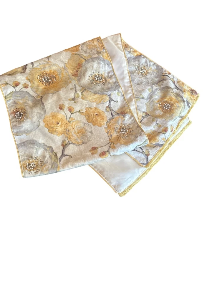 Nicole Miller Home Yellow & Gray Floral Table Runner With Beaded Details - Image 1 of 4
