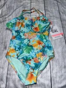 Athleta Girls Medium (8/10) Floral Lumen One Piece Swimsuit Bright Open Back NEW - Picture 1 of 3