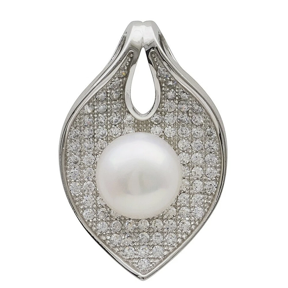 Ciondolo Foglia Con Molti Zirconi Perla Di Acqua Dolce Bianca 925 Argento Donna - Immagine 1 di 1