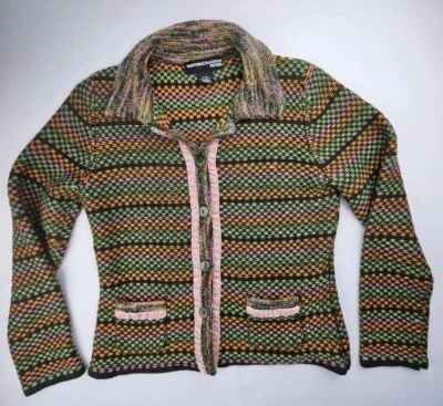 Norton Mcnaughton Cardigan Sweater Womens Size M P Full Zip Green Pink Striped  - Image 1 of 4