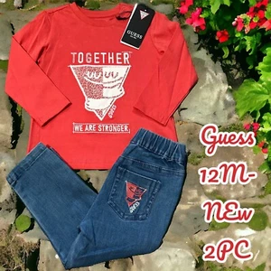 NEW-Guess 12 M Baby Boys 2pc Set Embroidered Shirt & Denim Blue Pants MRSP $45 - Picture 1 of 11