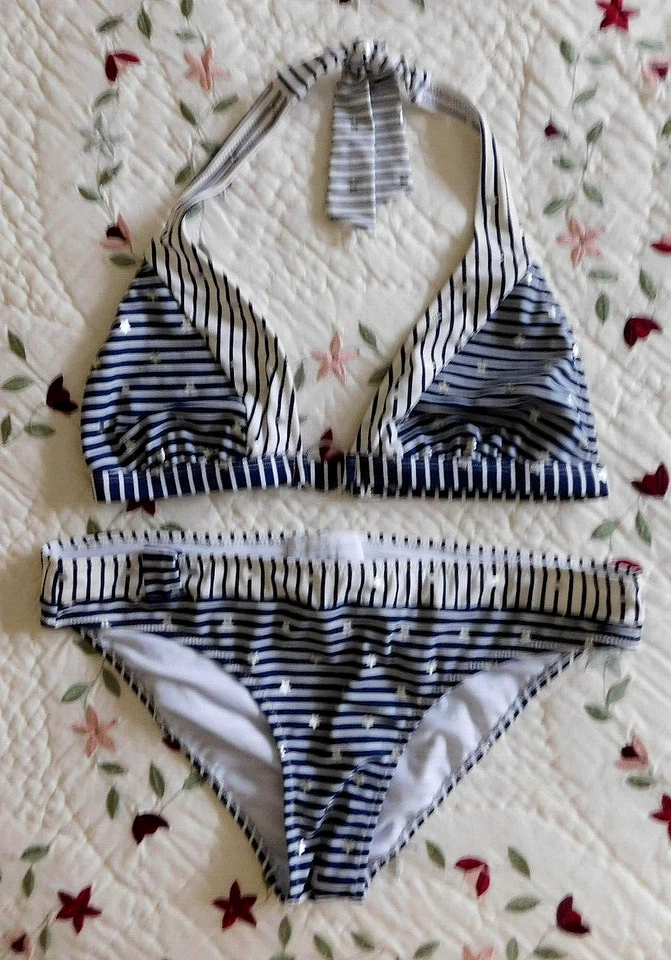 Jessica Simpson Mujeres Talla L Bikini Estrella Rayas Triángulo Traje de Baño Conjunto Foto 1 de 4