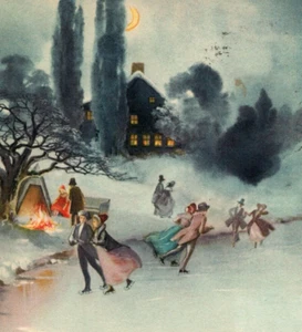 Embossed Christmas Postcard Ice Skating Camp Fire Crescent Moon Scene - Picture 1 of 3