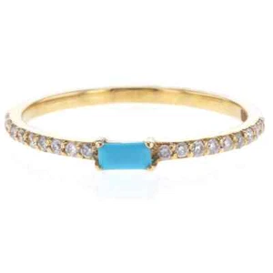 14Kt Yellow Gold Bar Set Baguette Turquoise And Diamond Stack Ring - Picture 1 of 1