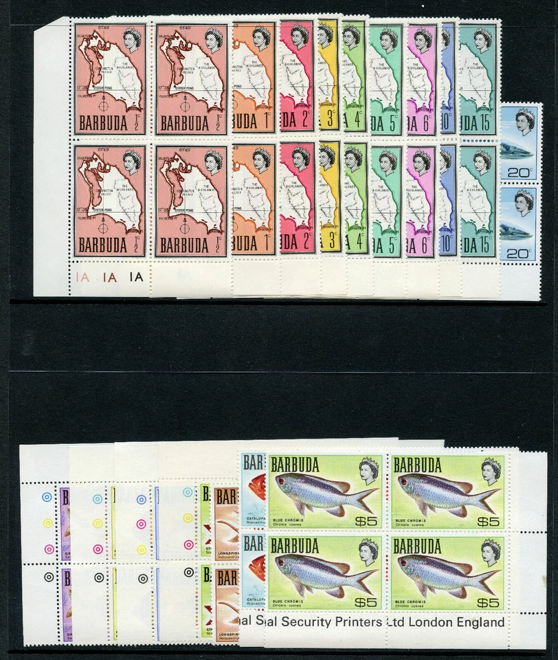 Antigua - Barbuda 1968 QEII Juego de peces completo en bloques excelente MNH. SG 12-27. Foto 1 de 1