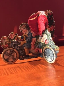 Very Large Victorian Valentine - Boy Driving Automobile Delivering Roses - Picture 1 of 4