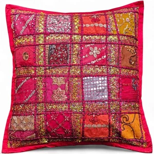 Handmade Indian Patchwork Decorative Cushion Cover - 16"x16" Boho Throw Pillow - Picture 1 of 4