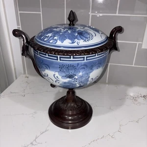 Maitland Smith blau & weiß Porzellan Messing Bronze Kompott Herzstück Schüssel - Bild 1 von 7