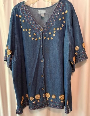 Top de algodón vaquero con cuentas de madera bordado y azul Liz & Me para mujer 3X Foto 1 de 4