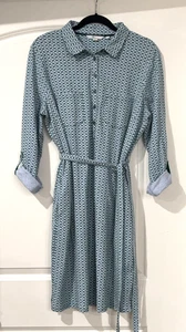 Boden Shirt Dress Size US 12 Green Blue Midi Geometric Floral Pockets Belted - Picture 1 of 7