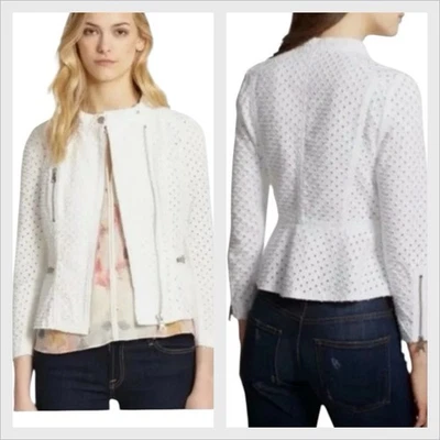Chaqueta Moto Rebecca Taylor Para Mujer Ojales Cremallera Asimétrica Marfil Peplum Talla 8 Foto 1 de 4