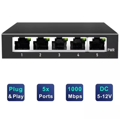 Switch di rete desktop 5 porte Gigabit RJ45 LAN distributore Ethernet nero - Immagine 1 di 4