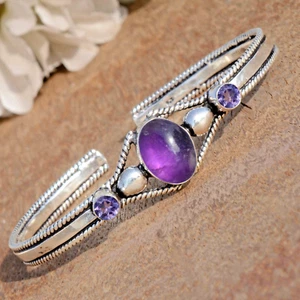 Amethyst & Amethyst Cut Gemstone 925 Sterling Silver Birthday Gift Bracelet - Picture 1 of 9
