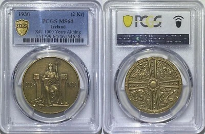 Moneda Islandia 1930 2 Coronas UNC 1000 Años Todo PCGS MS64 Catálogo Inusual XM1 Foto 1 de 3