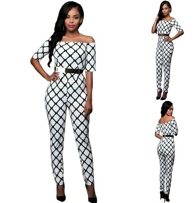 Sz 12 14 Monochrome White Jumpsuits Off Shoulder Formal Club Sexy Party Slim Fit - image 1 of 4