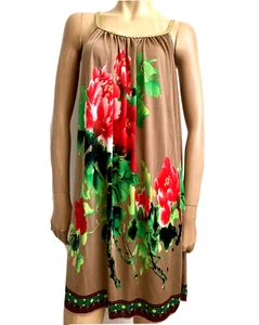 Braunes geblümtes knielanges Sommerkleid entspannt U-Ausschnitt Kleid One Size - Bild 1 von 12