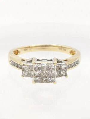 10K 3g Solid Yellow Gold Princess Cluster Diamond Engagement Ring Size 7 - Image 1 of 4