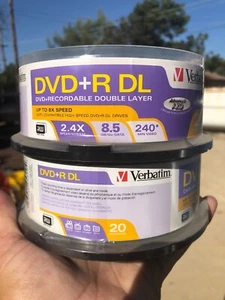 Verbatim DVD+R DL 2.4X 8.5 GB 240* Min Video, 20 Pack, NEW X2 Packs - Picture 1 of 3
